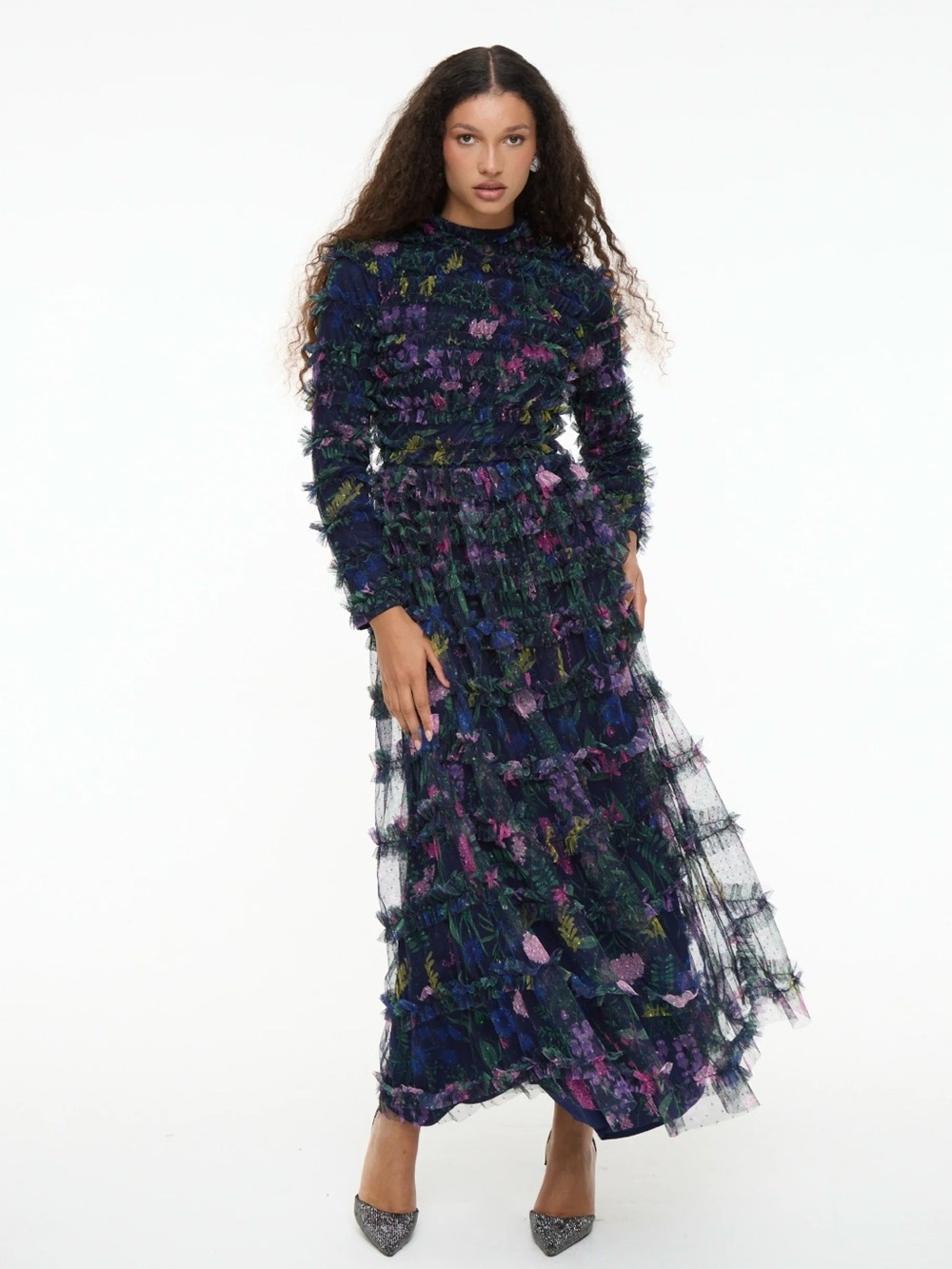Maryisa Long-Sleeve Floral Maxi Dress in Navy